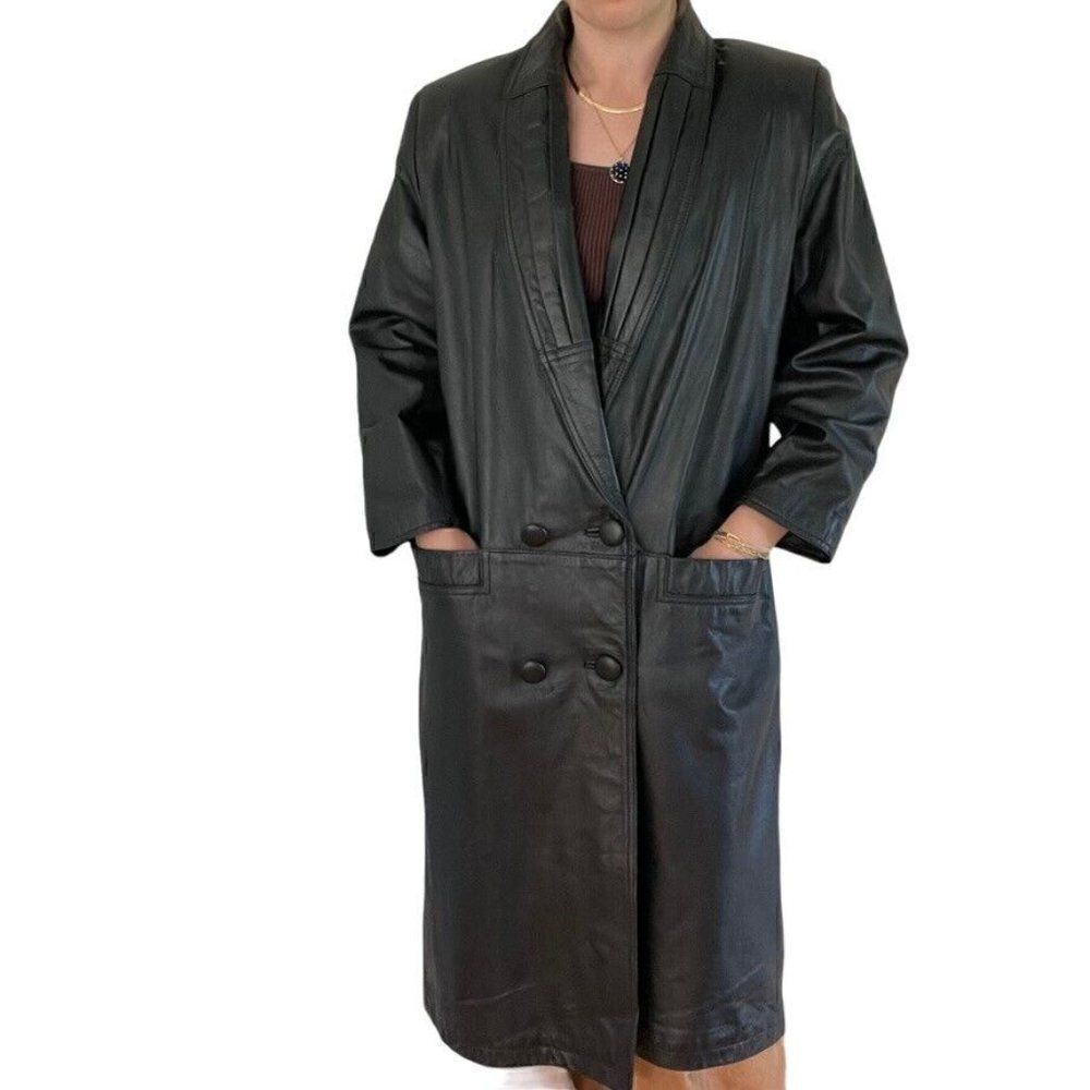 Vintage 1990s Lonna Pelle Womens Black Leather Matrix Winter Trench Coat Sz L